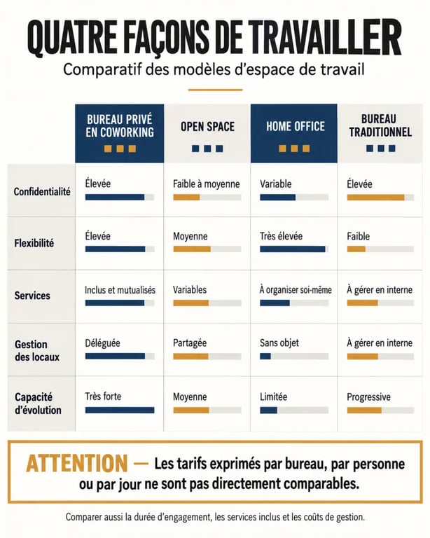Infographie comparative sur le bureau prive coworking, l’open space, le home office et le bureau traditionnel