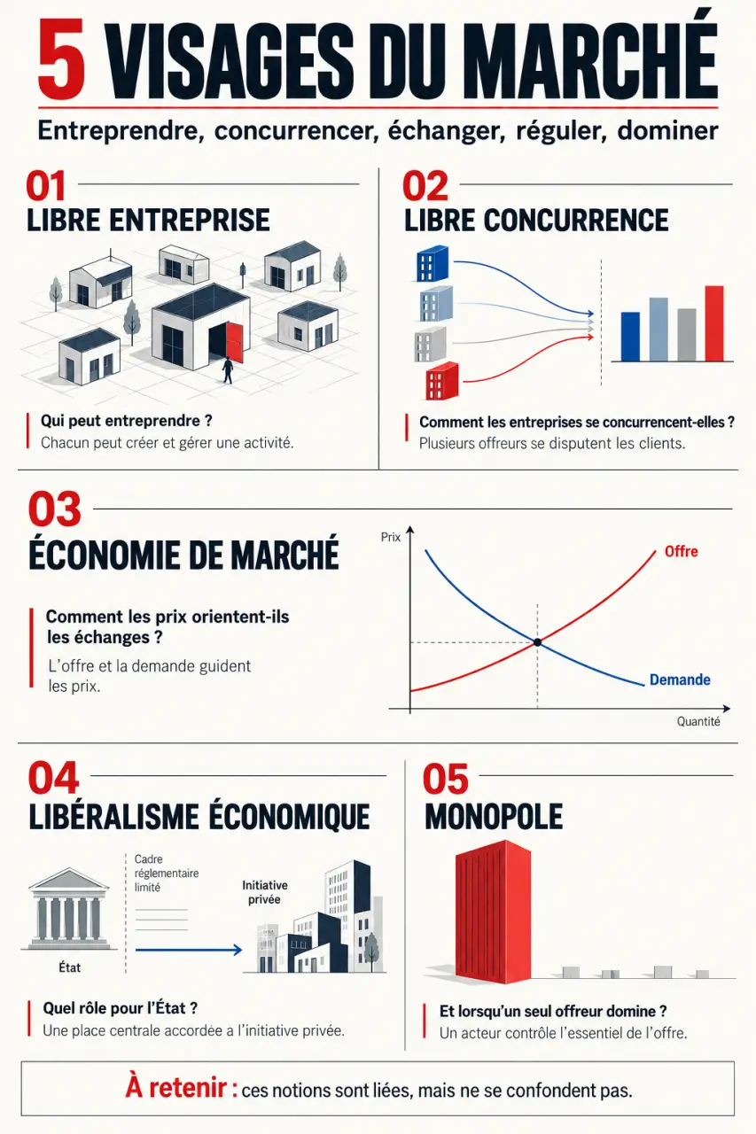 Infographie sur la libre entreprise et les notions de concurrence, marché et monopole