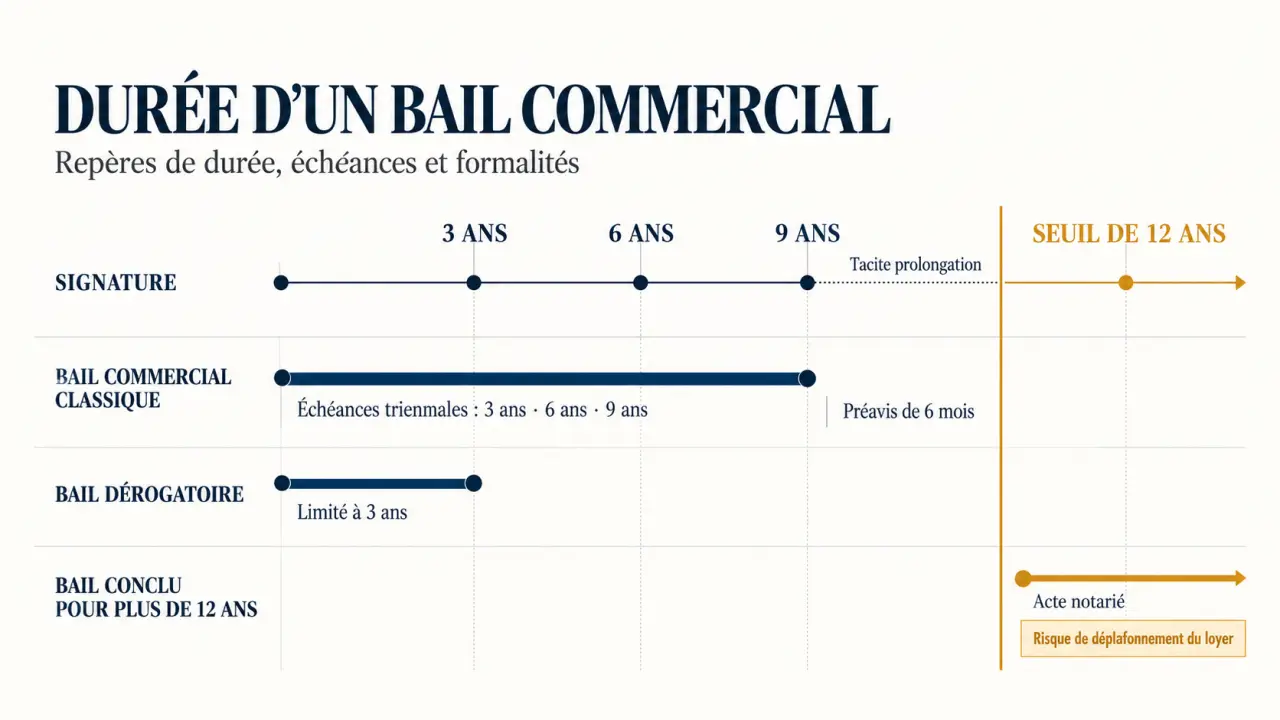 Infographie sur la durée bail commercial, les échéances 3-6-9 et le seuil de 12 ans