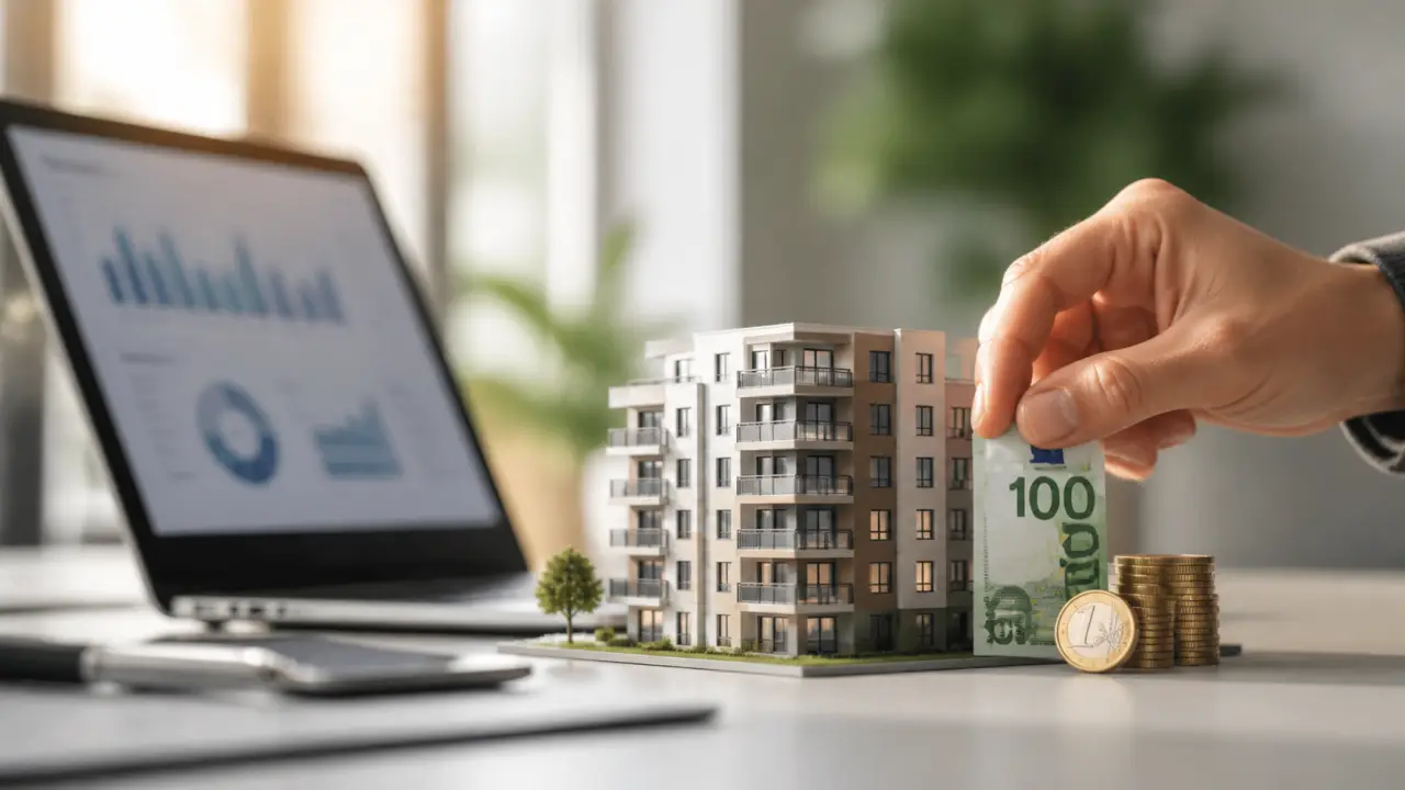 Immeuble moderne fractionné en blocs d’investissement avec graphiques de rendement
