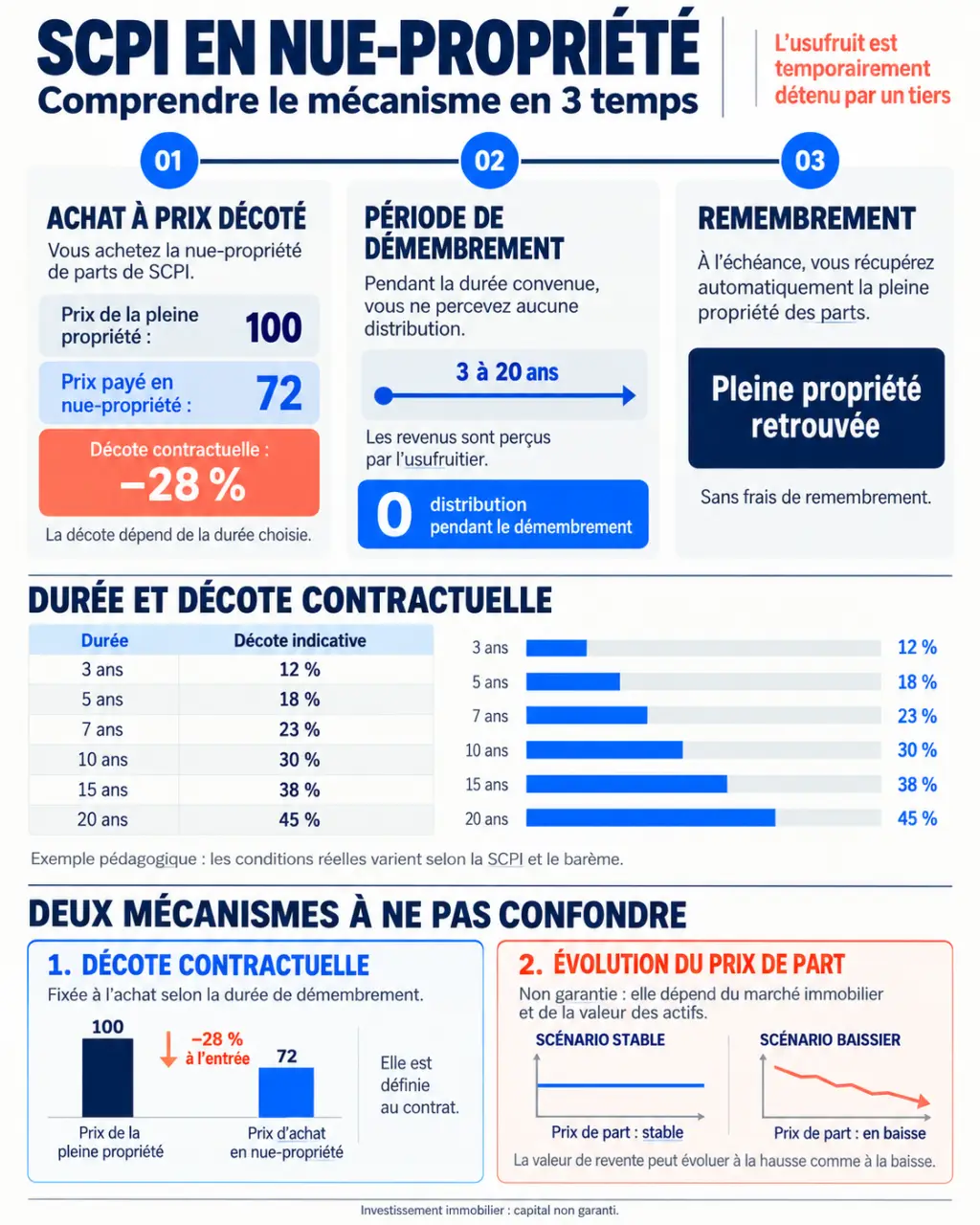 Infographie sur le fonctionnement d'une SCPI en nue-propriété, la décote et le remembrement