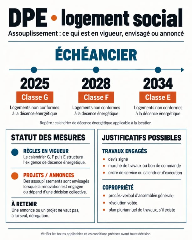 Infographie sur le dpe logement social assouplissement et les échéances des classes G, F et E