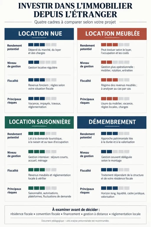 Infographie sur les stratégies d'investissement immobilier expatrié en France