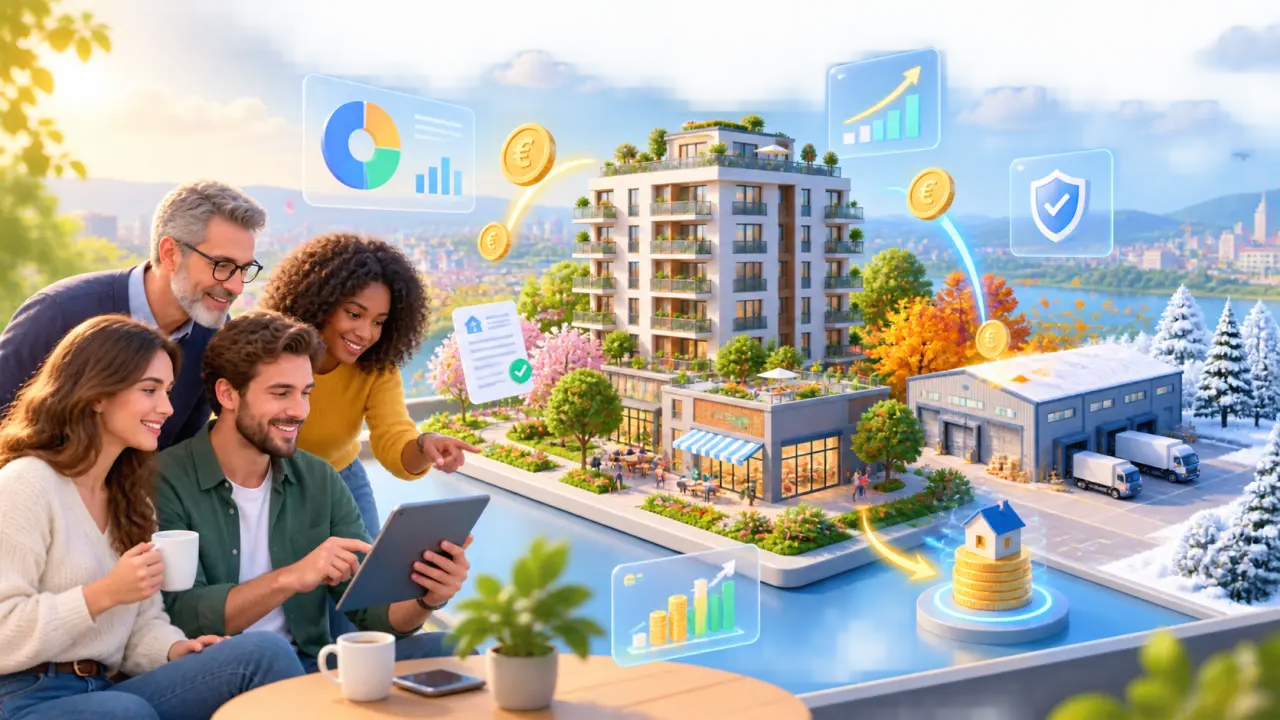 Immeuble moderne divisé en blocs lumineux au-dessus d’une tablette affichant des graphiques financiers