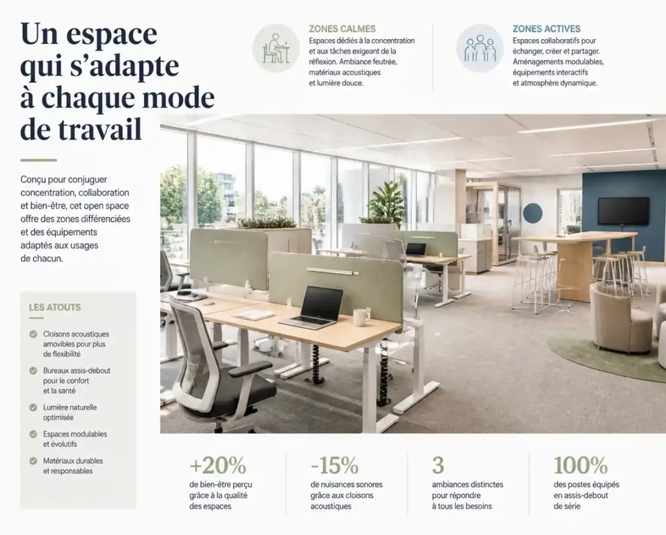 Bureau open space aménagé avec cloisons acoustiques et bureaux assis-debout