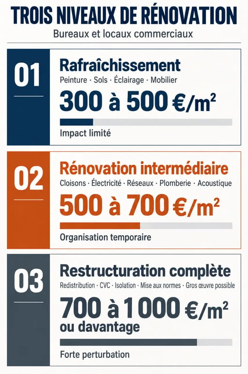 Infographie des niveaux de rénovation de bureaux et de locaux commerciaux avec budgets et impacts sur l’activité