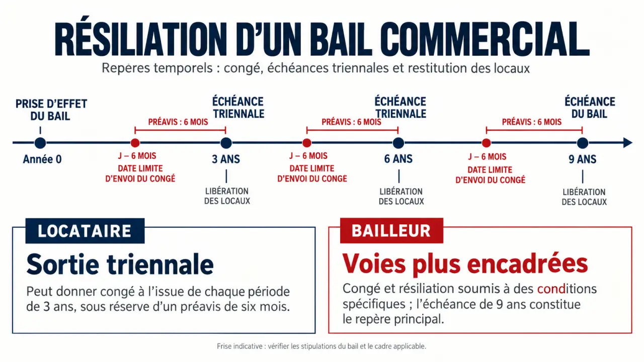 Frise chronologique du bail commercial et résiliation avec échéances triennales et préavis de six mois
