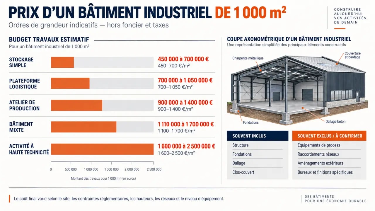 Prix bâtiment industriel 1000 m2 : fourchettes de budget et principaux postes de construction