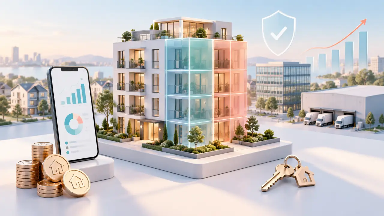 Immeuble moderne composé de blocs lumineux représentant l’investissement immobilier fractionné