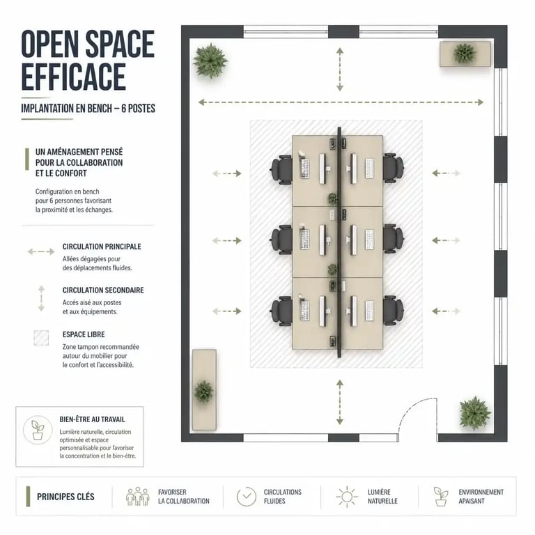 Schéma d'implantation d'un bureau open space en configuration bench pour 6 personnes