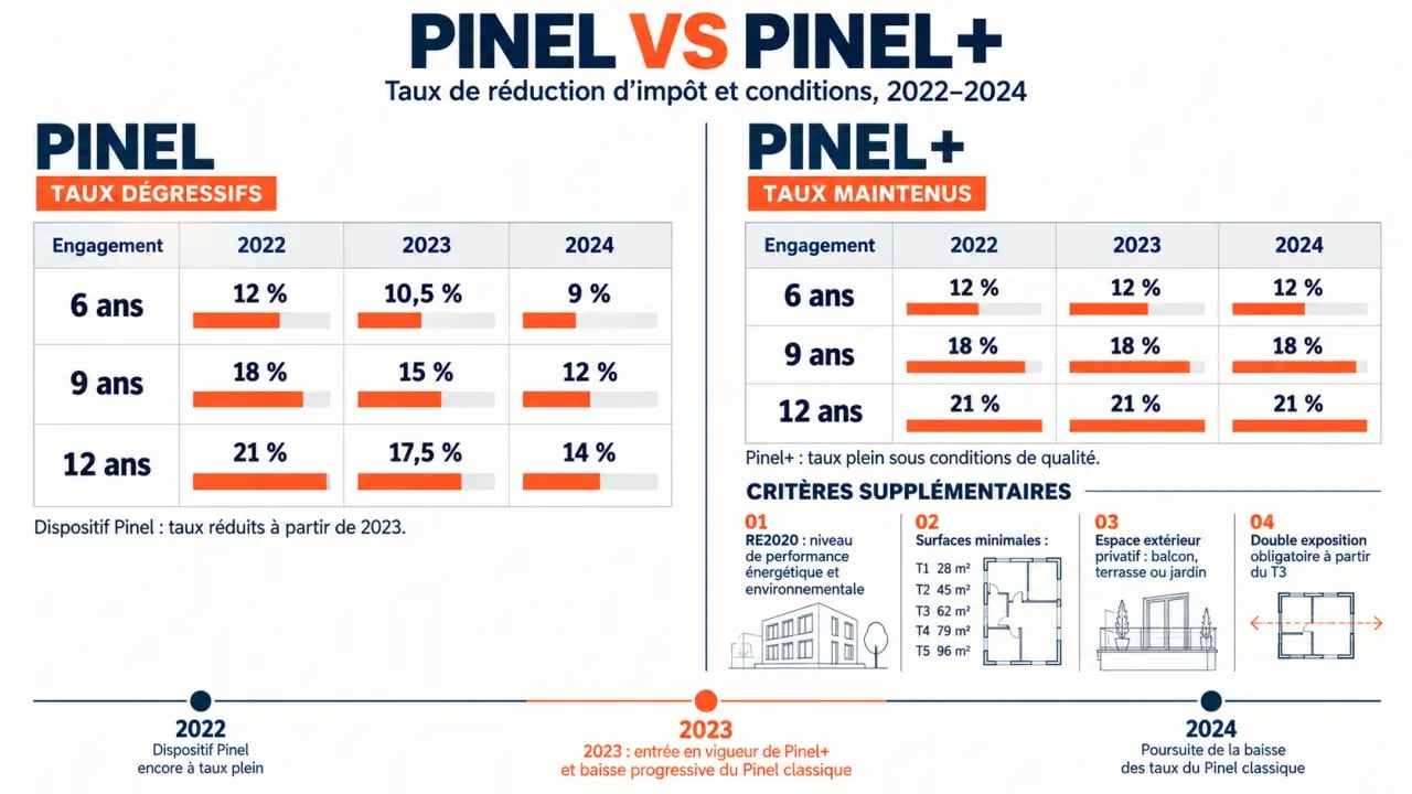 Infographie sur la différence entre Pinel et Pinel+ : taux de réduction d'impôt et critères d'éligibilité
