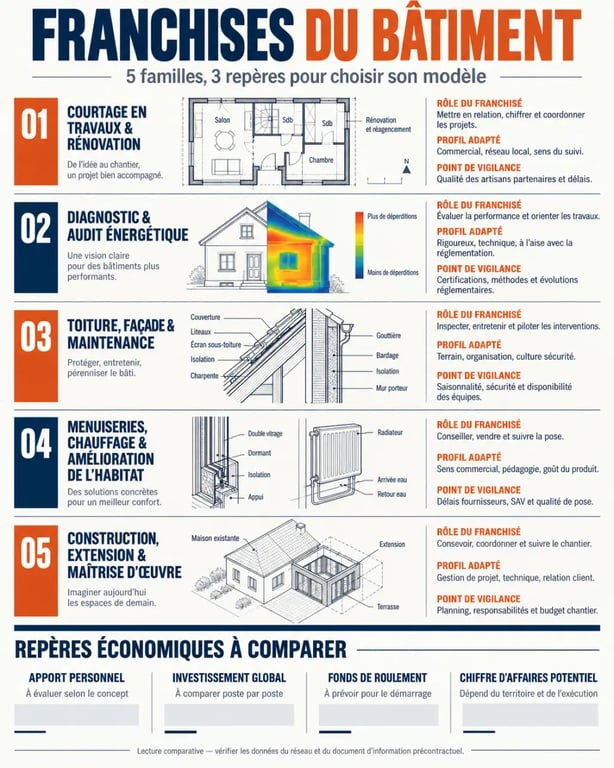 Infographie pour devenir franchisé batiment : activités, profils et repères financiers