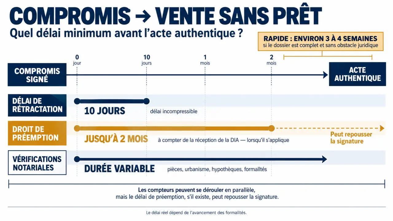 Infographie sur le délai minimum entre compromis et vente sans prêt, avec rétractation, préemption et vérifications notariales