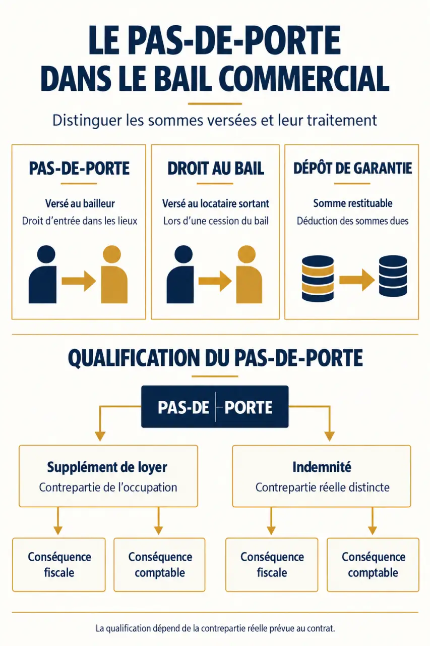 Infographie sur le pas de porte bail commercial et la différence avec le droit au bail et le dépôt de garantie