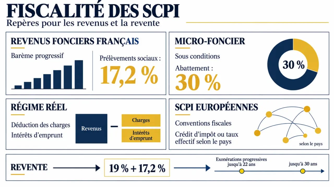 Infographie sur la fiscalité SCPI : micro-foncier, régime réel, revenus européens et plus-values